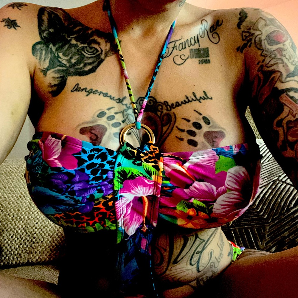 Tropical Floral Bikini Top with Ring Detail